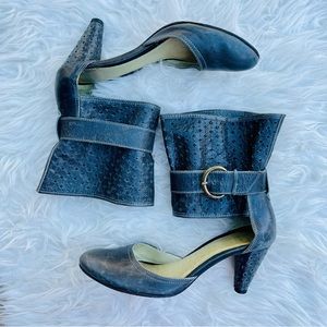 Shelleys London Dark Grey Perforated Leather Ankle Cuff Almond Toe Heel Shoe